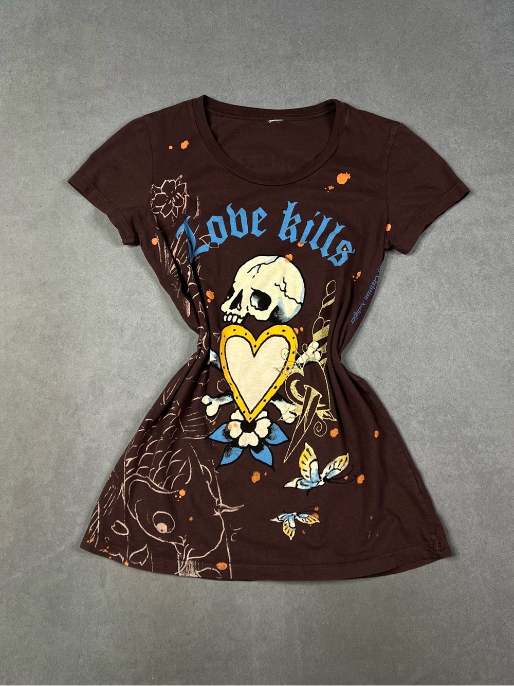 Ed Hardy Brown Graphic 'Love Kills' Tee with Yellow & Blue Accents